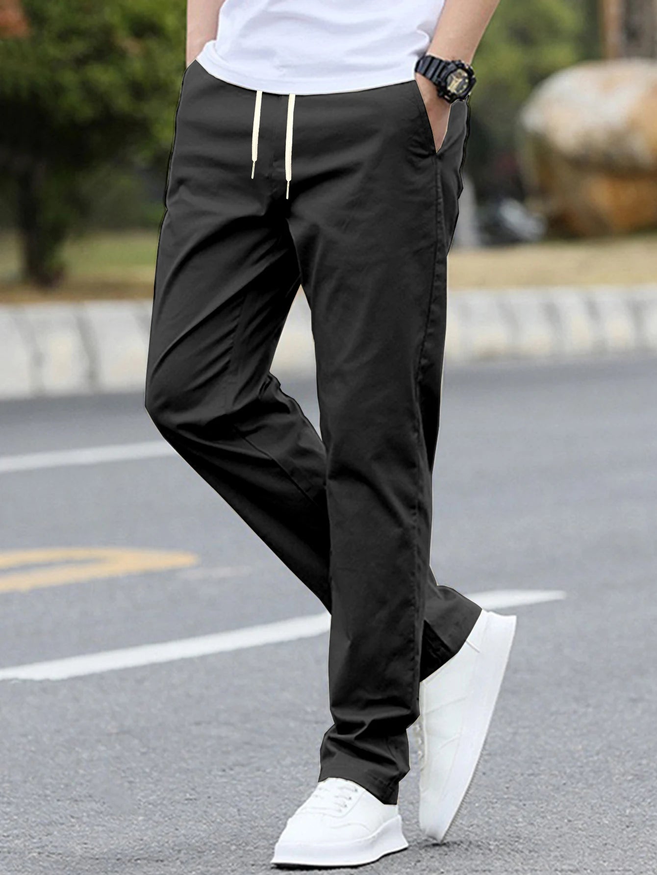 Men's Solid Color Casual Fashion Trousers with Drawstring Waist Regular Fit Pocket Trousers