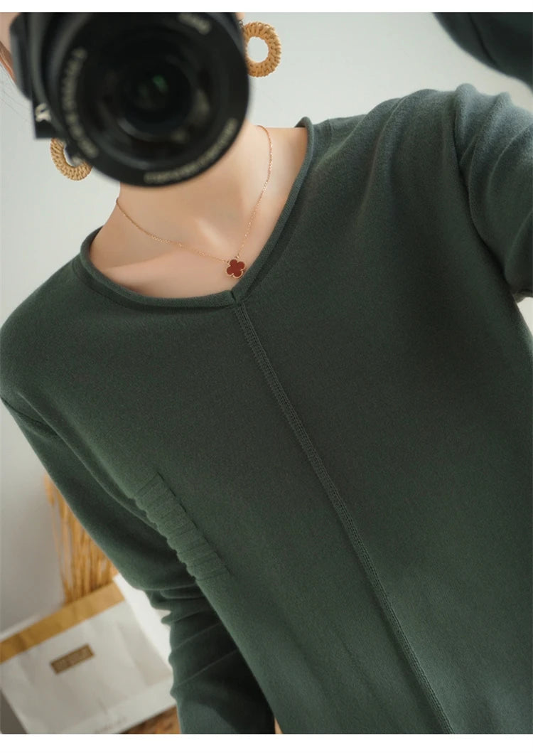 2023 Autumn/Winter Women's New Pullover Casual Solid 100% Cotton Knitted V-Neck Loose Sweater Fashion Soft Breathable Top