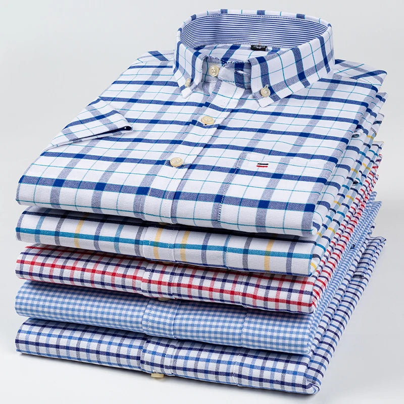 Men's Oxford Short Sleeve Square Collar Soild Plaid Striped Summer Casual Shirts Single Pocket Comfortable Cotton Shirt