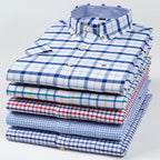 Men's Oxford Short Sleeve Square Collar Soild Plaid Striped Summer Casual Shirts Single Pocket Comfortable Cotton Shirt