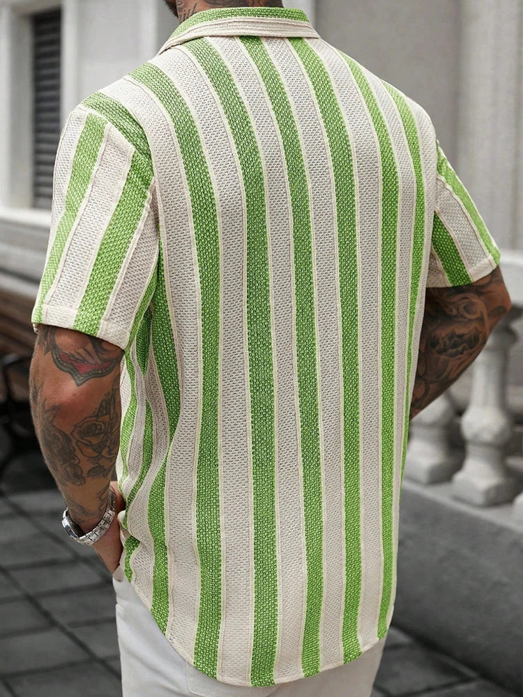 Vacation Casual Mens Knitted Shirts Short Sleeve Button-up Lapel Knit Shirt 2026 Spring Summer Stylish Patchwork Striped Shirts