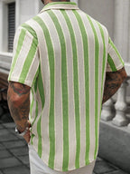 Vacation Casual Mens Knitted Shirts Short Sleeve Button-up Lapel Knit Shirt 2026 Spring Summer Stylish Patchwork Striped Shirts