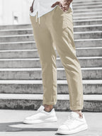 Men's Solid Color Casual Pants with Drawstring Waist Regular Fit Comfy Trousers with Pockets for Spring And Fall