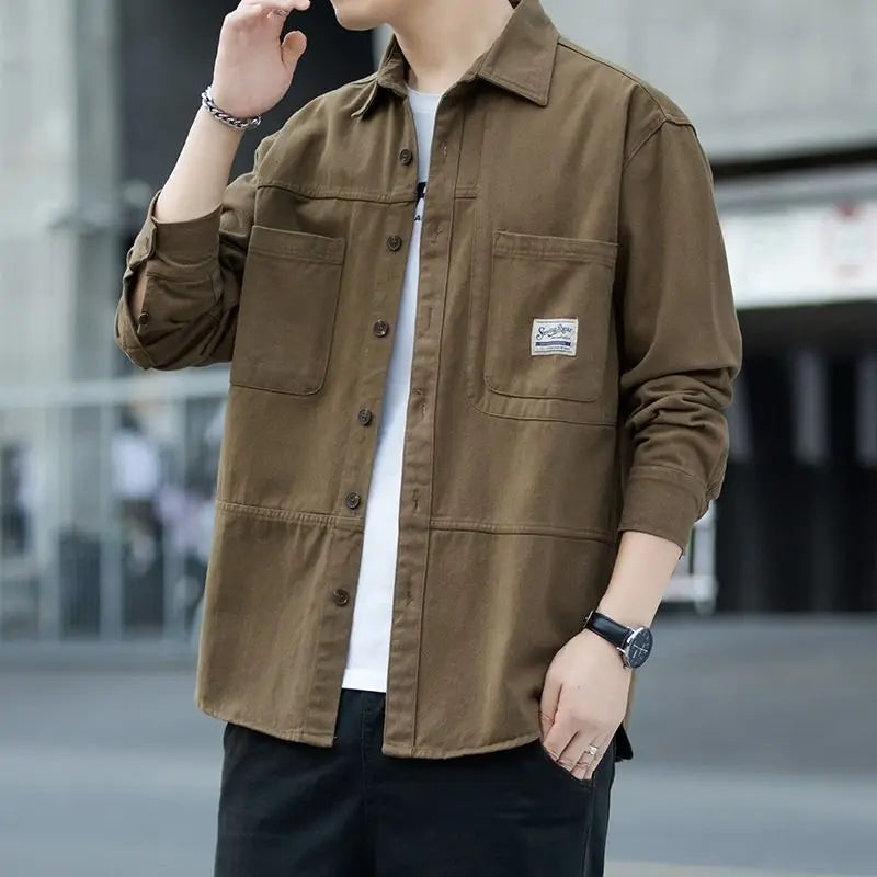 Men's Pure Cotton Long Sleeve Shirt Vintage Workwear Simple Style Autumn Winter New Arrival Casual Versatile Top Youth Fashion