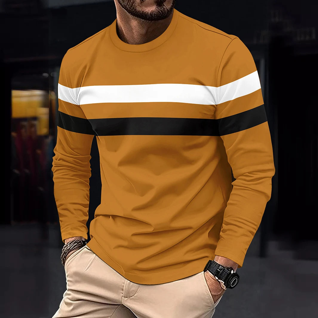 Spring Autumn Men's Color Matching Casual Fashion Sports Gym Beach Holiday Round Neck Long Sleeve O-neck T-Shirt Male Clothing