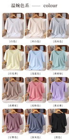 Women's 100% pure mink cashmere V-neck sweater T-shirt solid color knitted fashionable versatile short sleeved pullover sweater