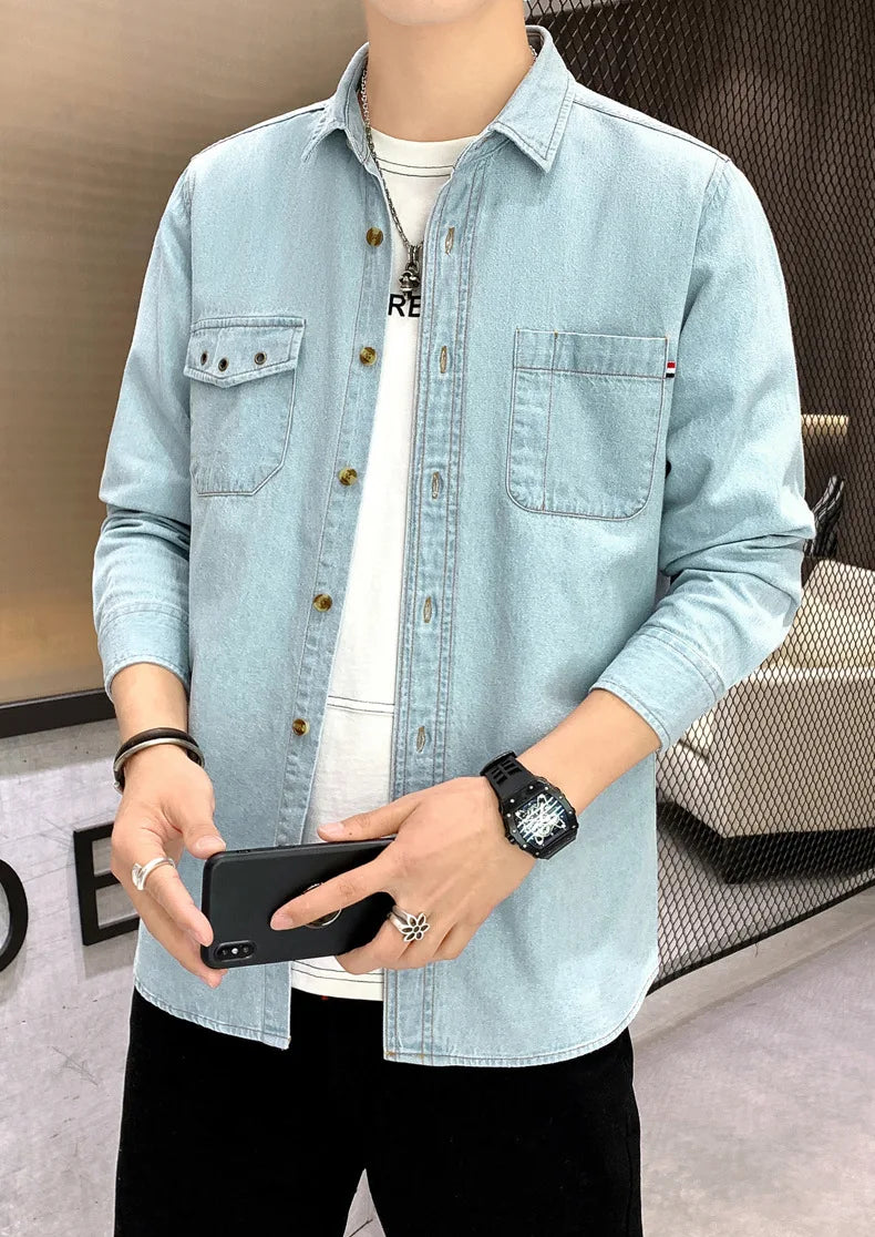 New Men's Denim Shirt Pure Cotton Washed Fashion Top Youth Style Japanese Design Autumn Collection Slim Fit Long Sleeve Casua...