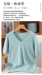 Women's 100% pure mink cashmere V-neck sweater T-shirt solid color knitted fashionable versatile short sleeved pullover sweater