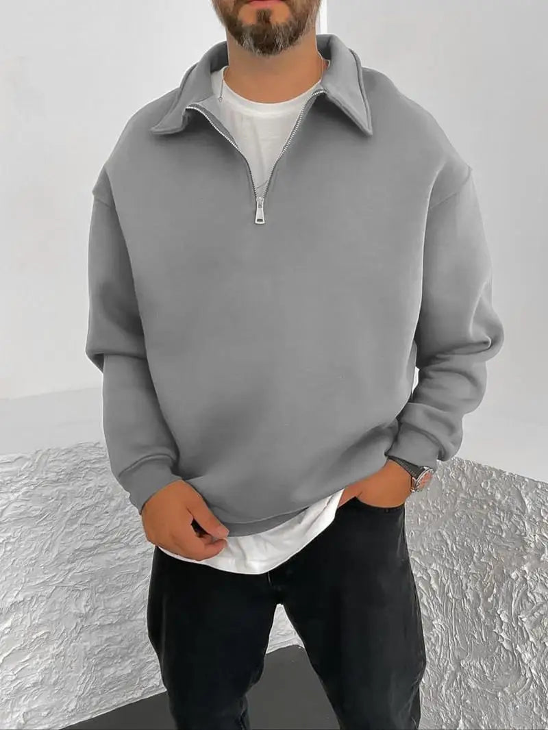 2025 New Men's Double-sided Fleece Half-Zip Casual Hoodie Jacket Autumn Winter Polyester Fiber Sporty Loose Fit Fashion Urban