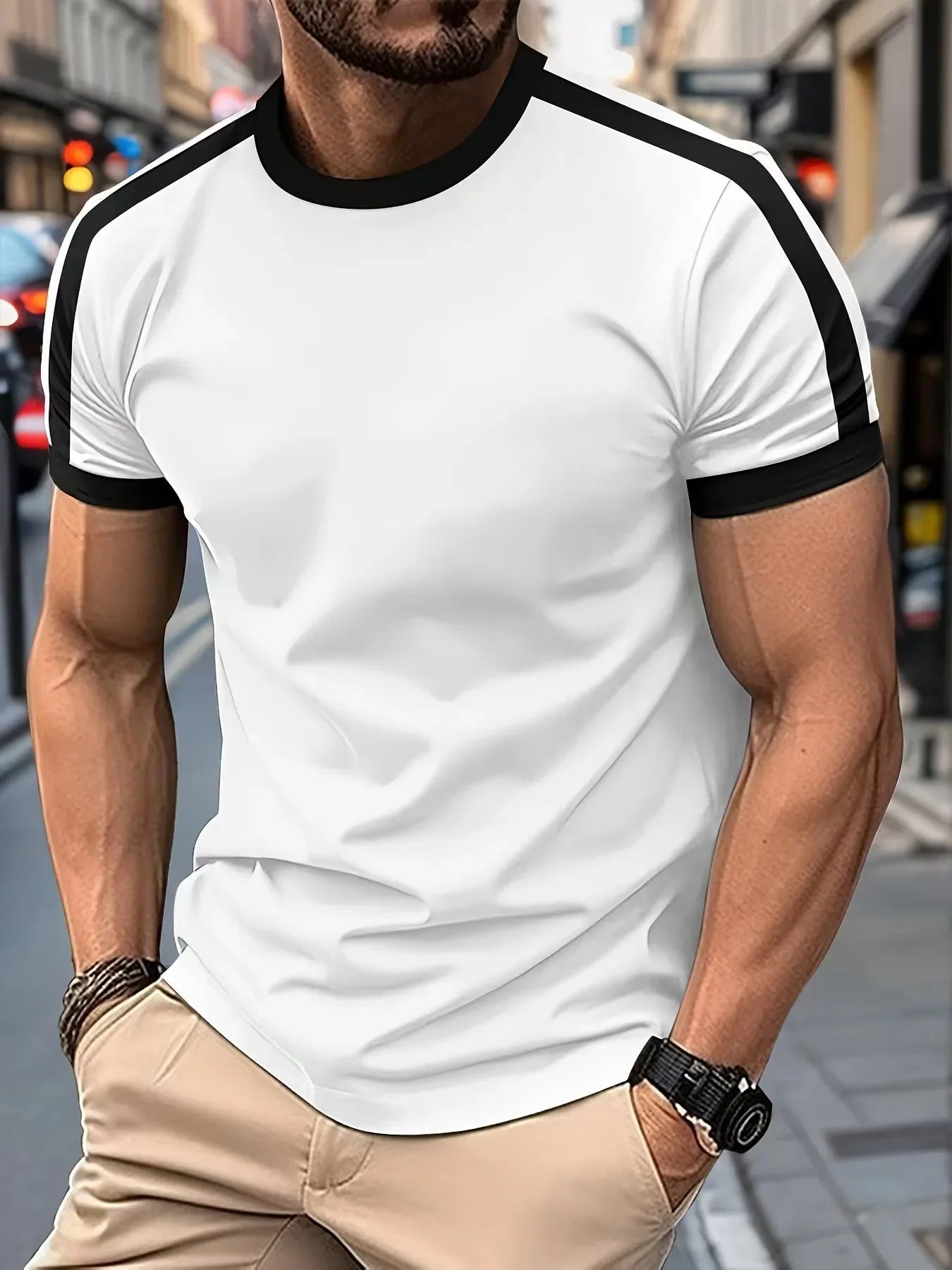 Men's Casual Short-Sleeved European and American Sports Fitness Contrasting Color Men's T-Shirt