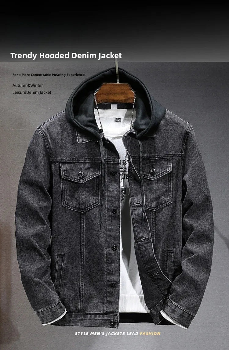 Casual Men's Denim Jacket Spring Autumn American Simple Trendy Hoodie Detachable Breathable Wear Resistant Windproof Sweat AB...