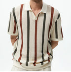 New American Chic Hollow Out Male Polo Shirts Trendy Striped Knitted V Neck Short Sleeve T-shirt High Street Breathable Knitwear