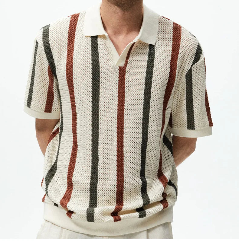 New American Chic Hollow Out Male Polo Shirts Trendy Striped Knitted V Neck Short Sleeve T-shirt High Street Breathable Knitwear