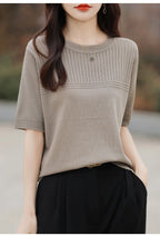 Women Sweater Short Sleeve Spring Summer O-neck Bottoming Shirts Casual Korean Knitted Pullovers Solid Loose Hollow Out Jumpers