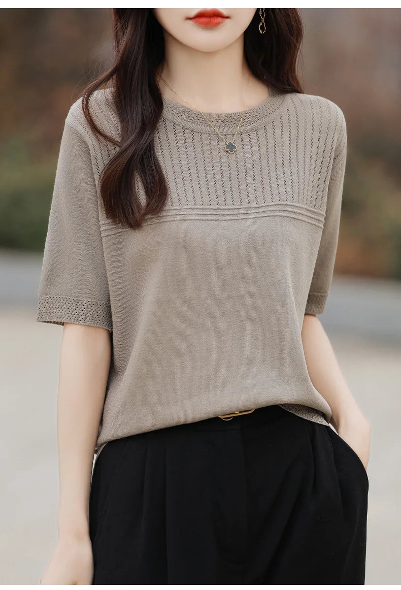 Women Sweater Short Sleeve Spring Summer O-neck Bottoming Shirts Casual Korean Knitted Pullovers Solid Loose Hollow Out Jumpers