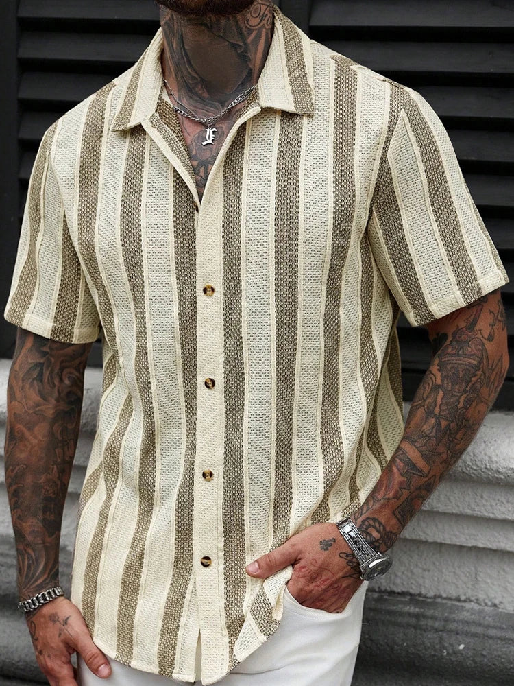 Vacation Casual Mens Knitted Shirts Short Sleeve Button-up Lapel Knit Shirt 2026 Spring Summer Stylish Patchwork Striped Shirts