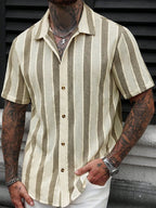 Vacation Casual Mens Knitted Shirts Short Sleeve Button-up Lapel Knit Shirt 2026 Spring Summer Stylish Patchwork Striped Shirts