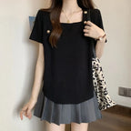Women Plus Size Square Neck Ice Silk Irregular Hem Short Sleeve T Shirt Loose Slimming Casual Summer Top