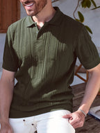 New 2026 Knitted Polo Shirt - Twisted Knit Texture Men's Summer Casual Collar Short Sleeve Buttoned Solid Color Hooded Knitted T