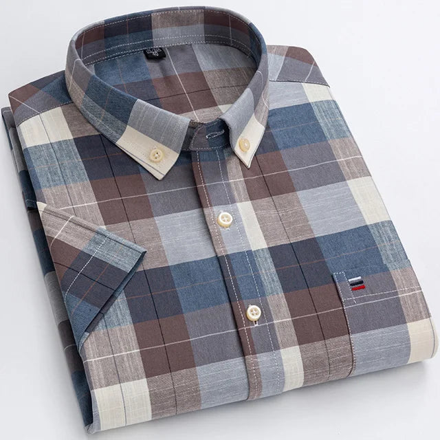 Men's Oxford Short Sleeve Square Collar Soild Plaid Striped Summer Casual Shirts Single Pocket Comfortable Cotton Shirt