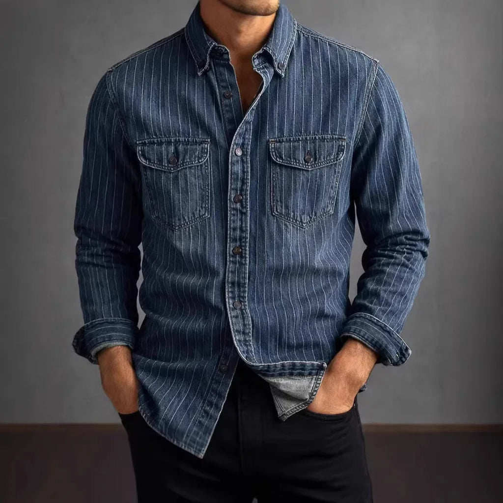 Retro Denim Striped Shirt Men's Casual Slim Fit Spring Fashion Outerwear Lightweight Long Sleeve Polyester Fiber Urban Style