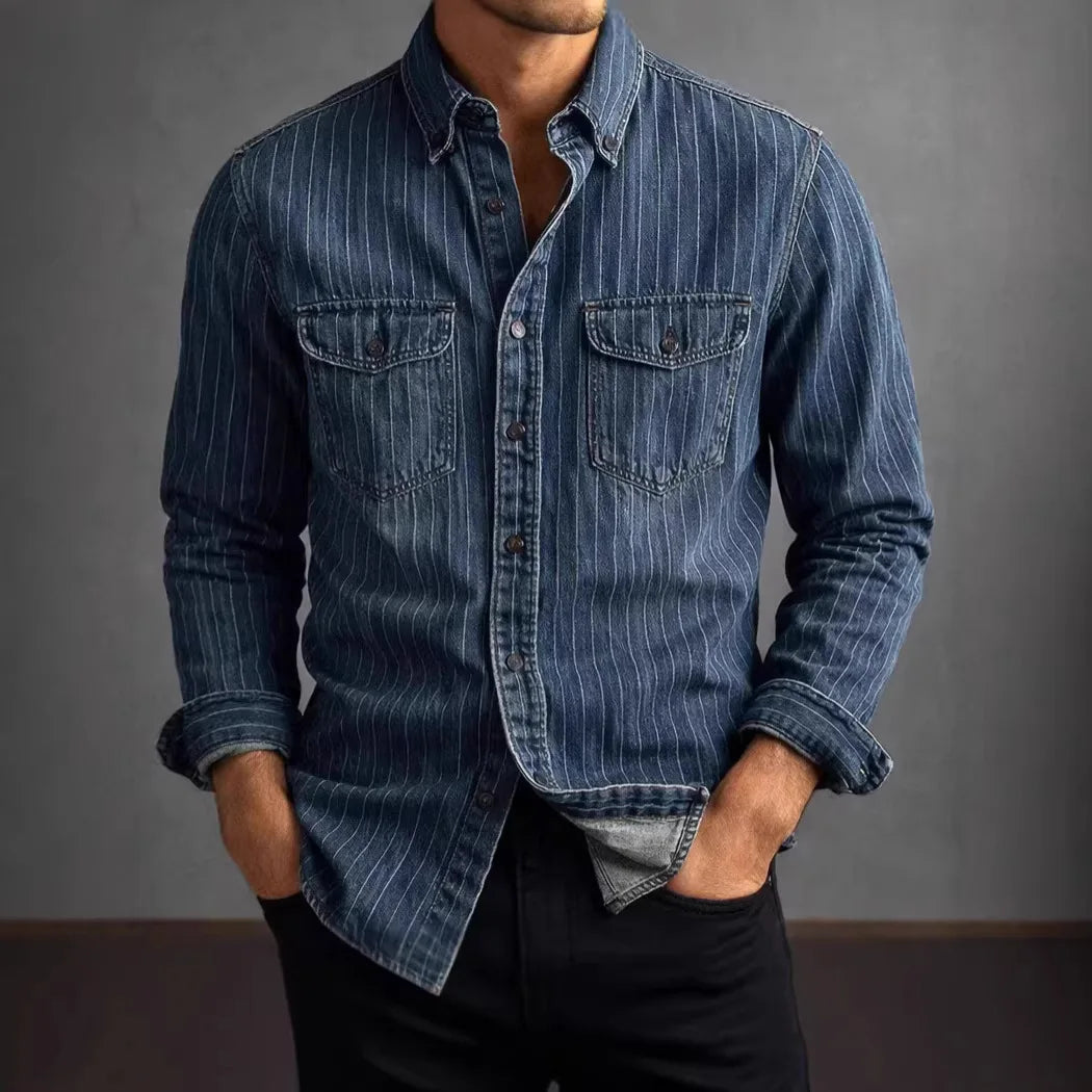 Retro Denim Striped Shirt Men's Casual Slim Fit Spring Fashion Outerwear Lightweight Long Sleeve Polyester Fiber Urban Style