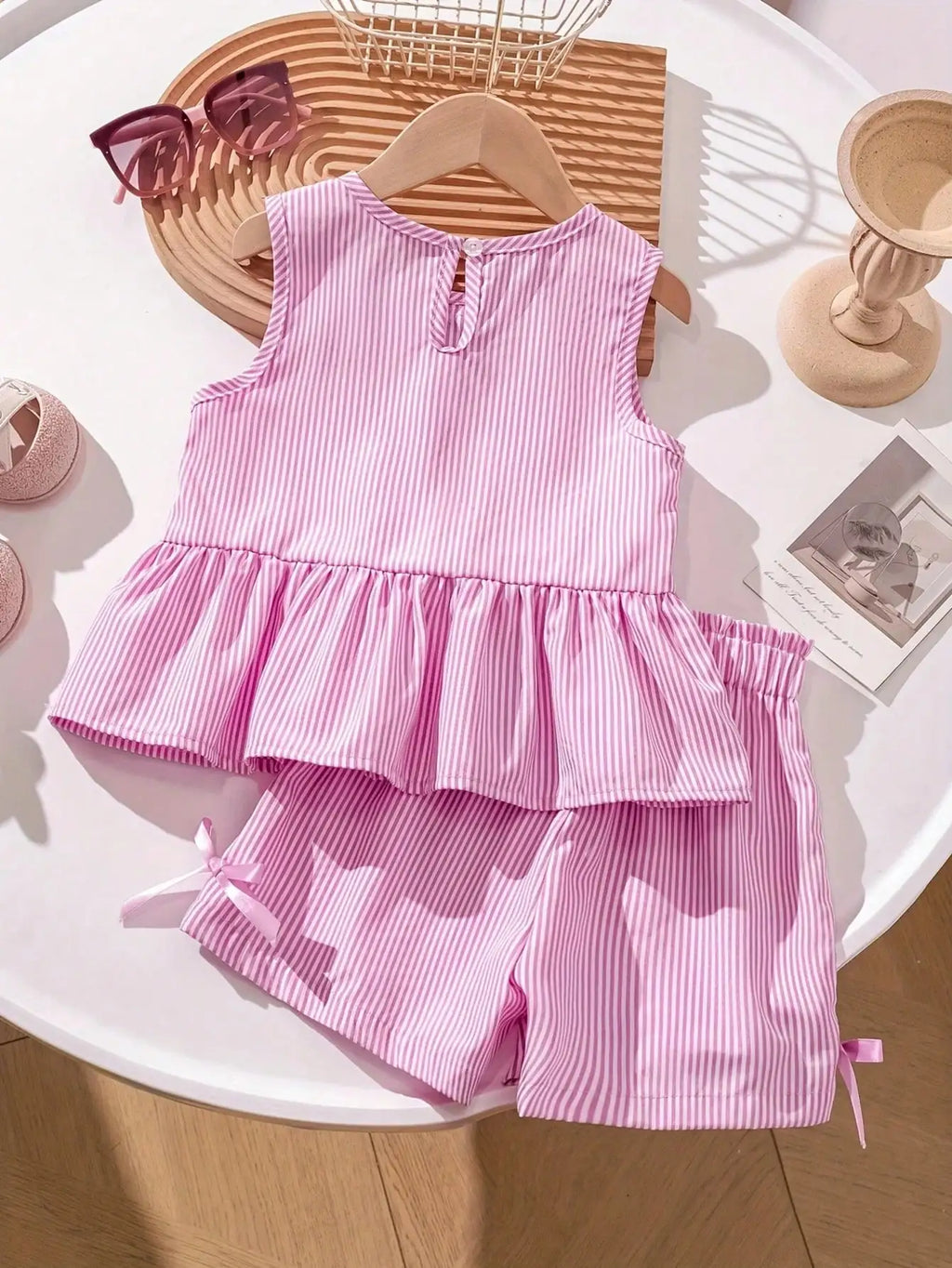 Fashion girl pink and white striped round neck lace up bow ruffle edge+pink striped side butterfly shorts two-piece set