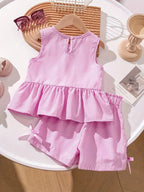 Fashion girl pink and white striped round neck lace up bow ruffle edge+pink striped side butterfly shorts two-piece set