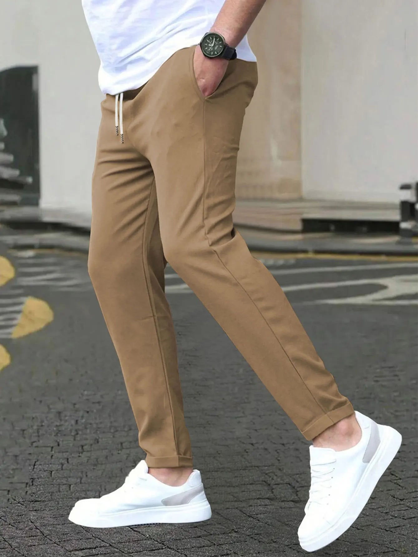Men's Solid Color Drawstring Waist Casual Pants Regular Fit Comfy Trousers with Pockets for Spring And Fall