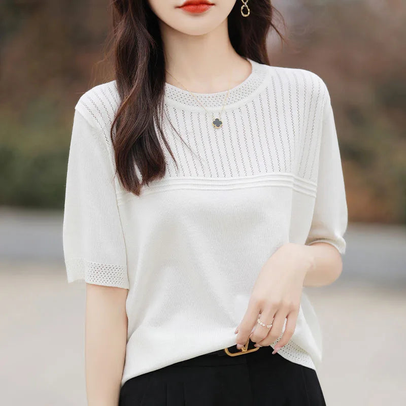 Women Sweater Short Sleeve Spring Summer O-neck Bottoming Shirts Casual Korean Knitted Pullovers Solid Loose Hollow Out Jumpers