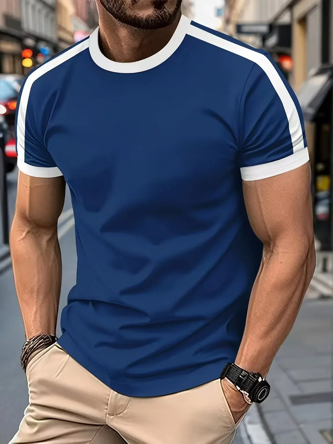 Men's Casual Short-Sleeved European and American Sports Fitness Contrasting Color Men's T-Shirt