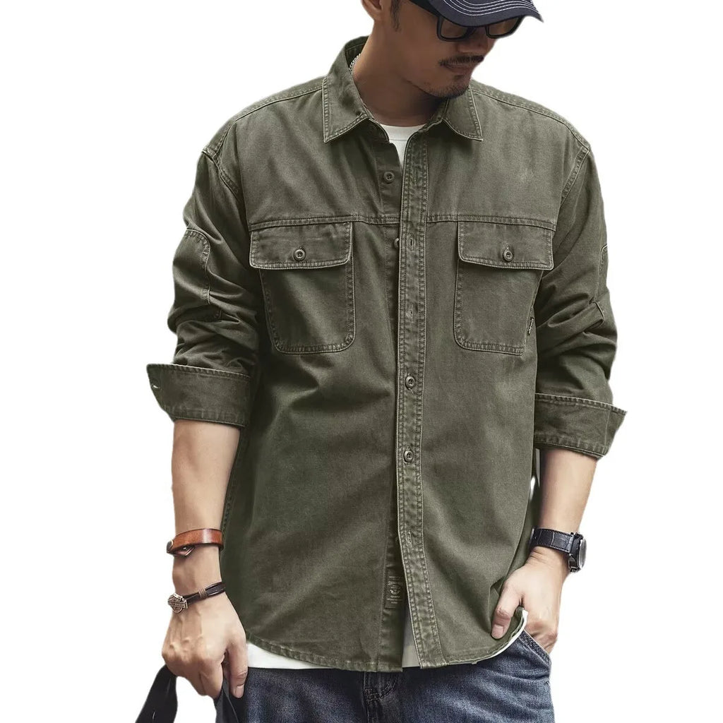 Retro American Workwear Long Sleeve Men's Denim Shirt Jacket Autumn Loose Hunting Style Casual Fashion Outerwear Coat