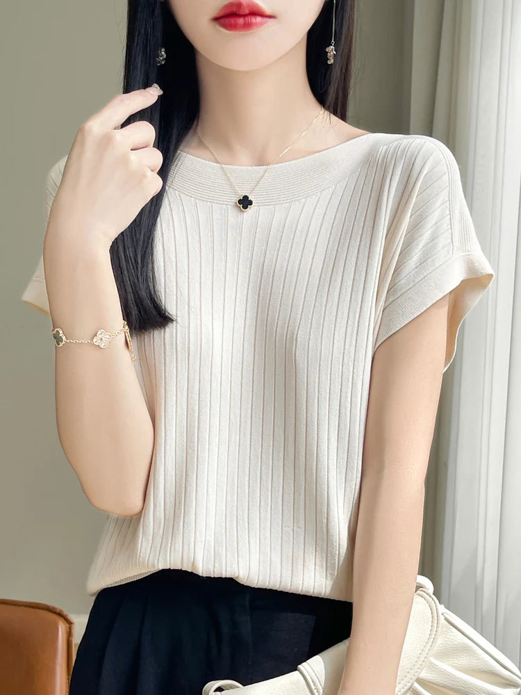 Summer Thin Ice Silk Knitted Loose T-Shirt Women's Short Sleeve Versatile Top Breathable Cool Feeling Pure Color Basic Fit