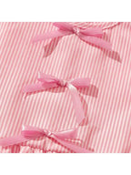 Fashion girl pink and white striped round neck lace up bow ruffle edge+pink striped side butterfly shorts two-piece set