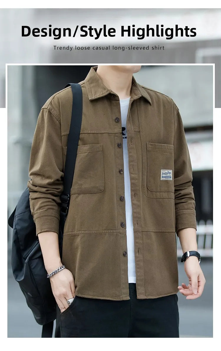 Men's Pure Cotton Long Sleeve Shirt Vintage Workwear Simple Style Autumn Winter New Arrival Casual Versatile Top Youth Fashion