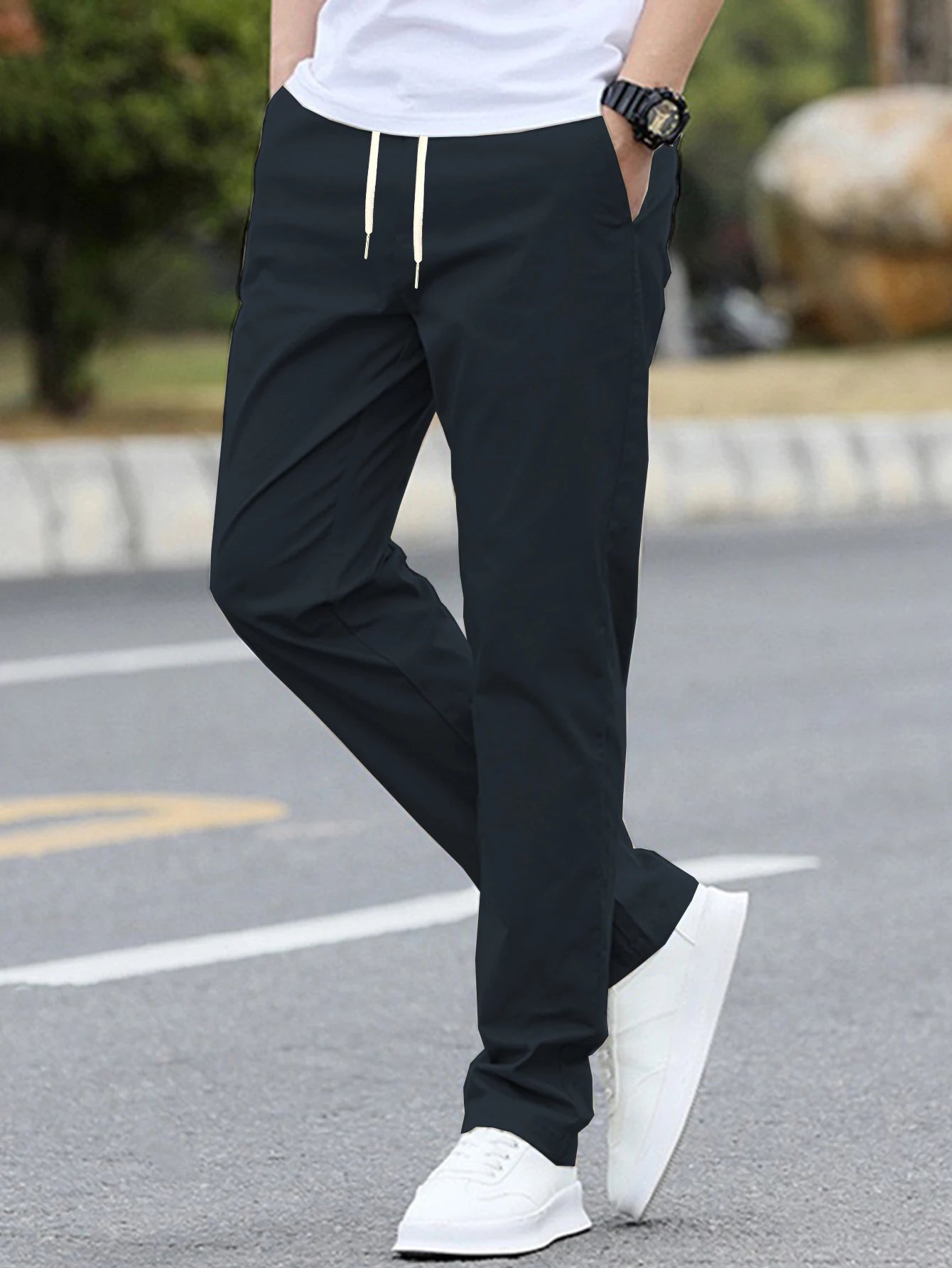 Men's Solid Color Casual Fashion Trousers with Drawstring Waist Regular Fit Pocket Trousers