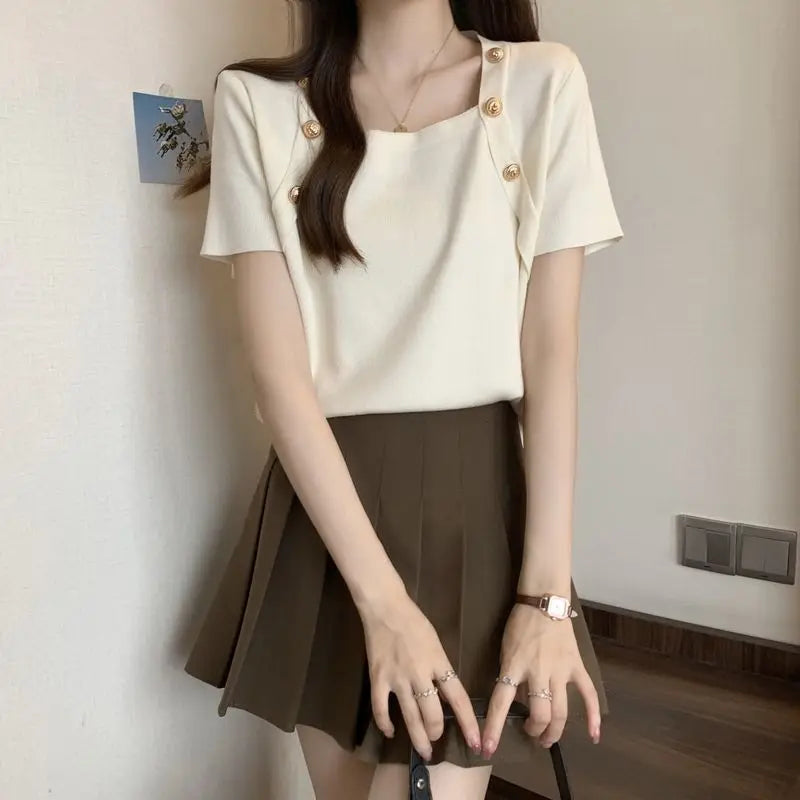 Women Plus Size Square Neck Ice Silk Irregular Hem Short Sleeve T Shirt Loose Slimming Casual Summer Top
