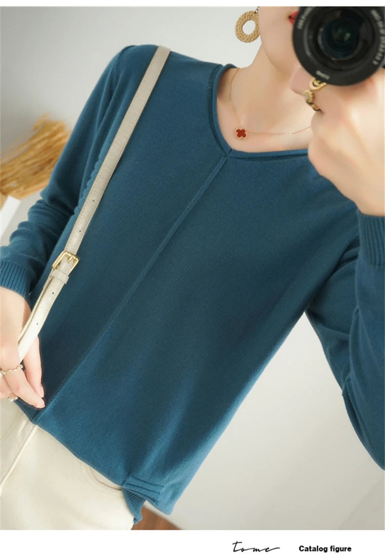2023 Autumn/Winter Women's New Pullover Casual Solid 100% Cotton Knitted V-Neck Loose Sweater Fashion Soft Breathable Top