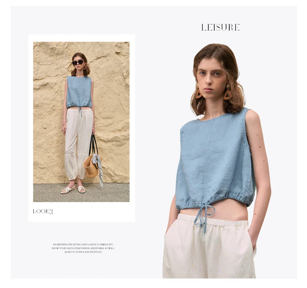 100% Linen Tank Top Women 2026 Summer Breathable Short Tops Sleeveless Casual Loose Cotton Linen Drawstring Crop Tops