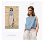 100% Linen Tank Top Women 2026 Summer Breathable Short Tops Sleeveless Casual Loose Cotton Linen Drawstring Crop Tops