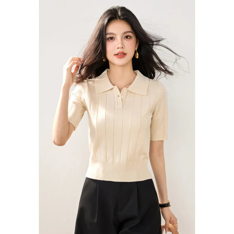 Plus Size Pure Color Polo Shirt Knitted Short Sleeve Ice Silk Short Style Slimming Collar T-Shirt Women Summer Korean Version...