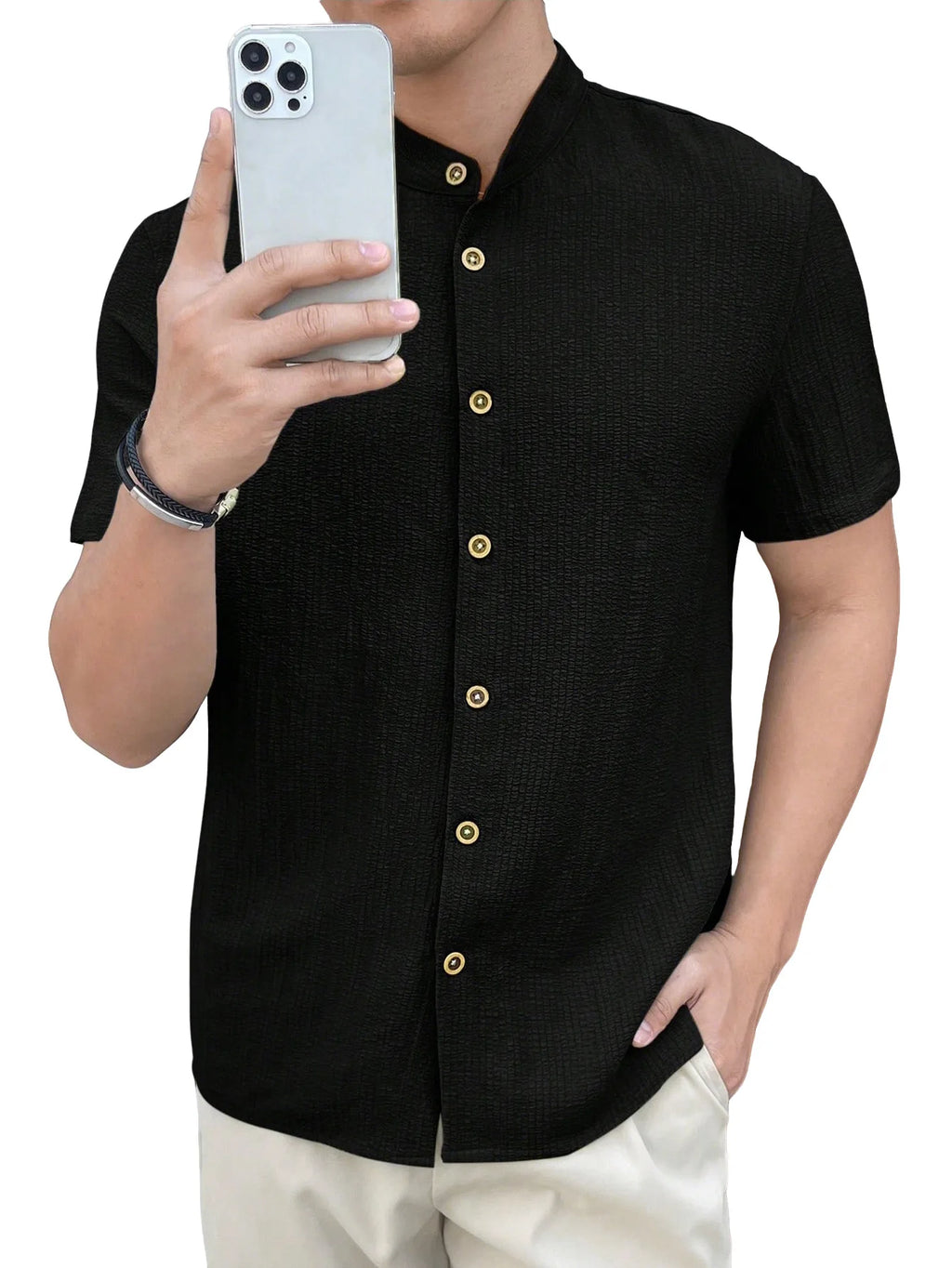 Casual Summer Shirt Men's Stand Collar Short Sleeve Light Maturity Leisure T-Shirt Open Cardigan Polyester Quick Dry Anti-Def...