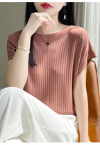 Summer Thin Ice Silk Knitted Loose T-Shirt Women's Short Sleeve Versatile Top Breathable Cool Feeling Pure Color Basic Fit