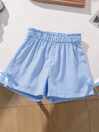Fashion girl pink and white striped round neck lace up bow ruffle edge+pink striped side butterfly shorts two-piece set