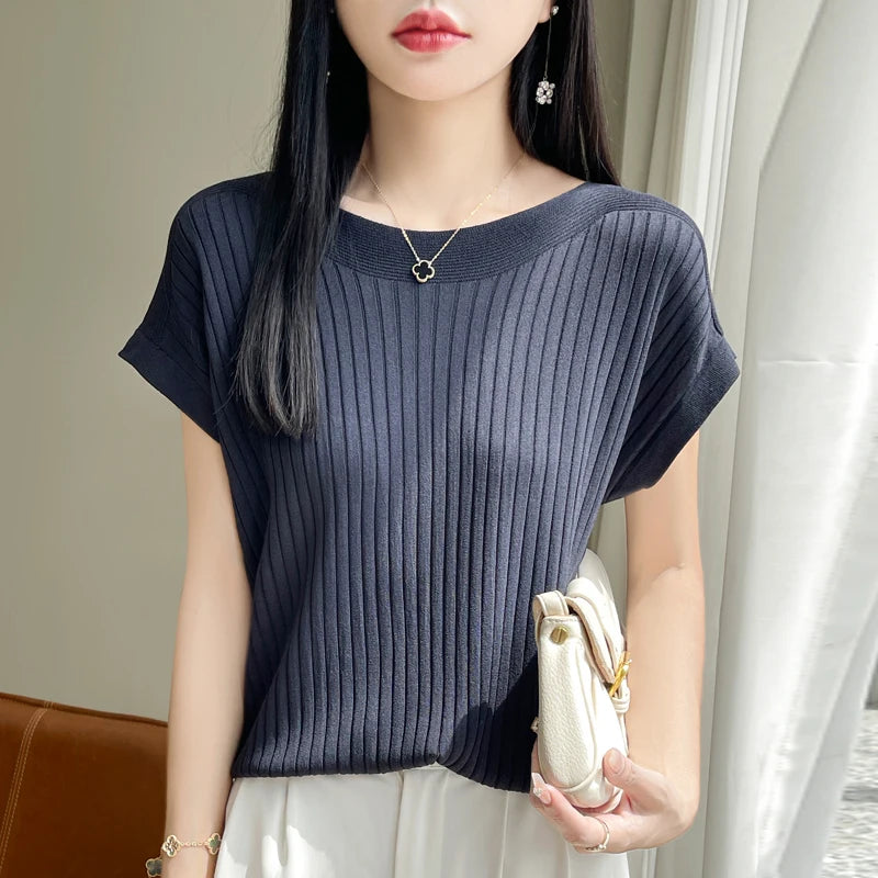Summer Thin Ice Silk Knitted Loose T-Shirt Women's Short Sleeve Versatile Top Breathable Cool Feeling Pure Color Basic Fit