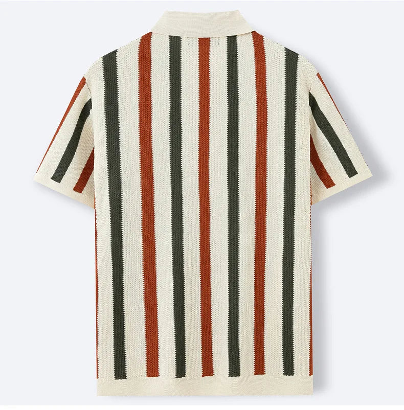 New American Chic Hollow Out Male Polo Shirts Trendy Striped Knitted V Neck Short Sleeve T-shirt High Street Breathable Knitwear
