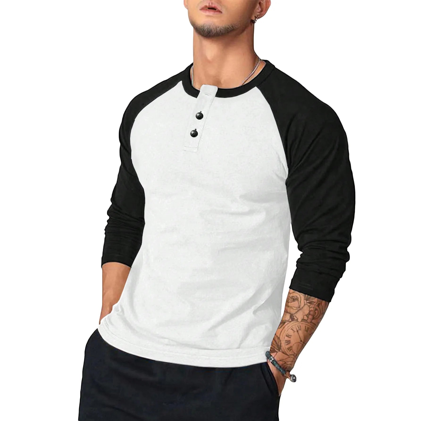 New Slim Fit Round Neck Long Sleeve T-Shirt Men with Arm Color Block Casual Base Layer