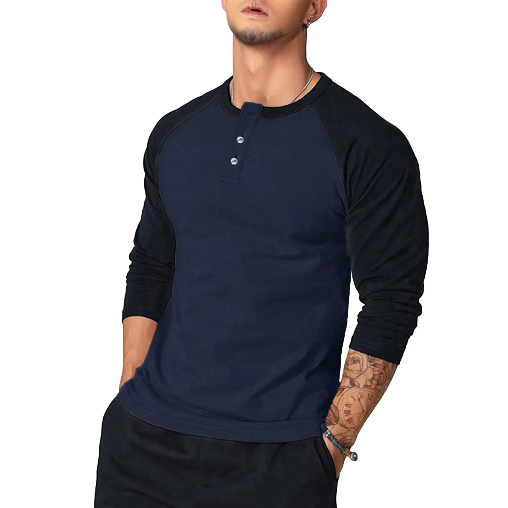 New Slim Fit Round Neck Long Sleeve T-Shirt Men with Arm Color Block Casual Base Layer