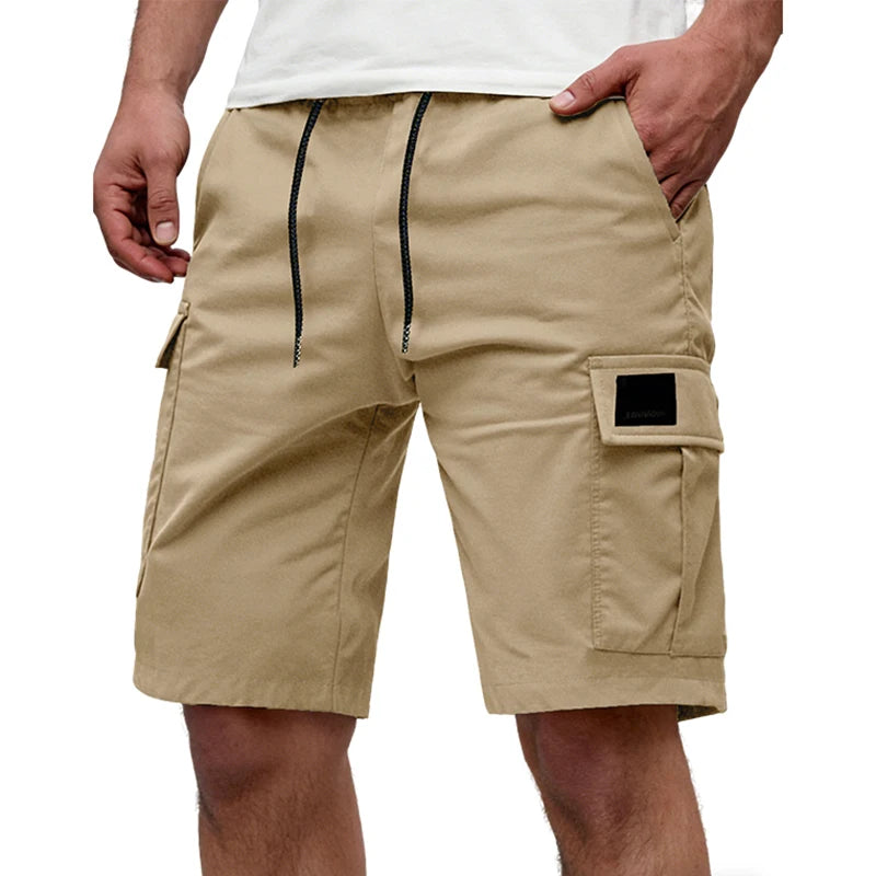 Men's Khaki Workwear Cargo Shorts Summer Multi-pocket Work Shorts With Drawstring Elastic Waist Solid Color Sports Fifth Pants