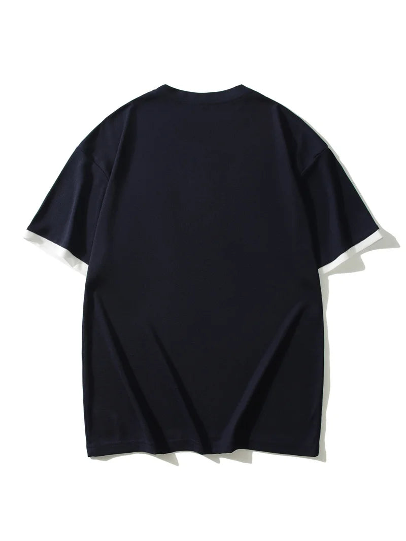 summer Casual breathable Men Tops Patchwork pocket sports pullover Textured Male Loose round collar short sleeve men T-shirts